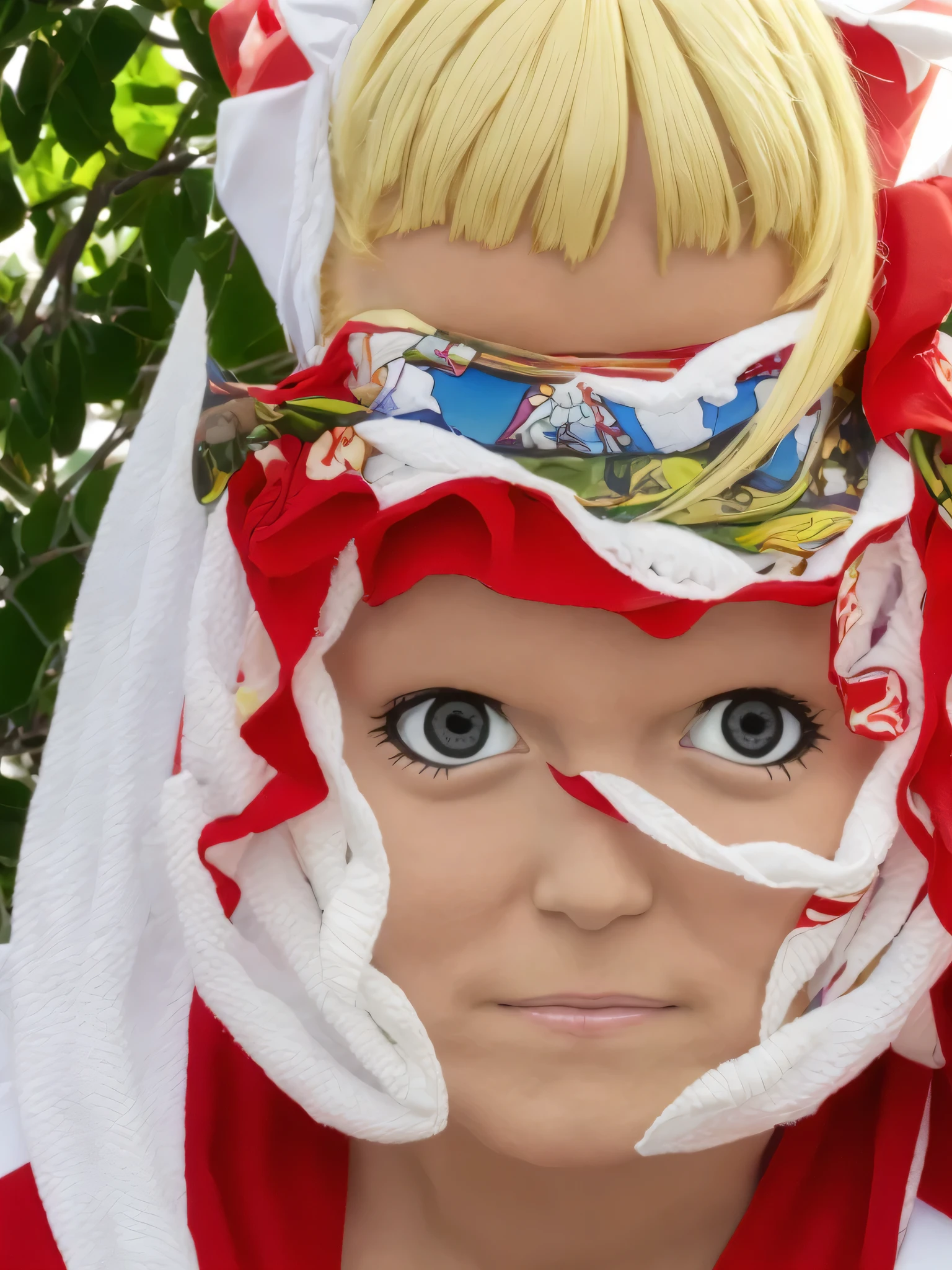 hyper-realistic people who have their mouths and eyes sewn together with sewing thread