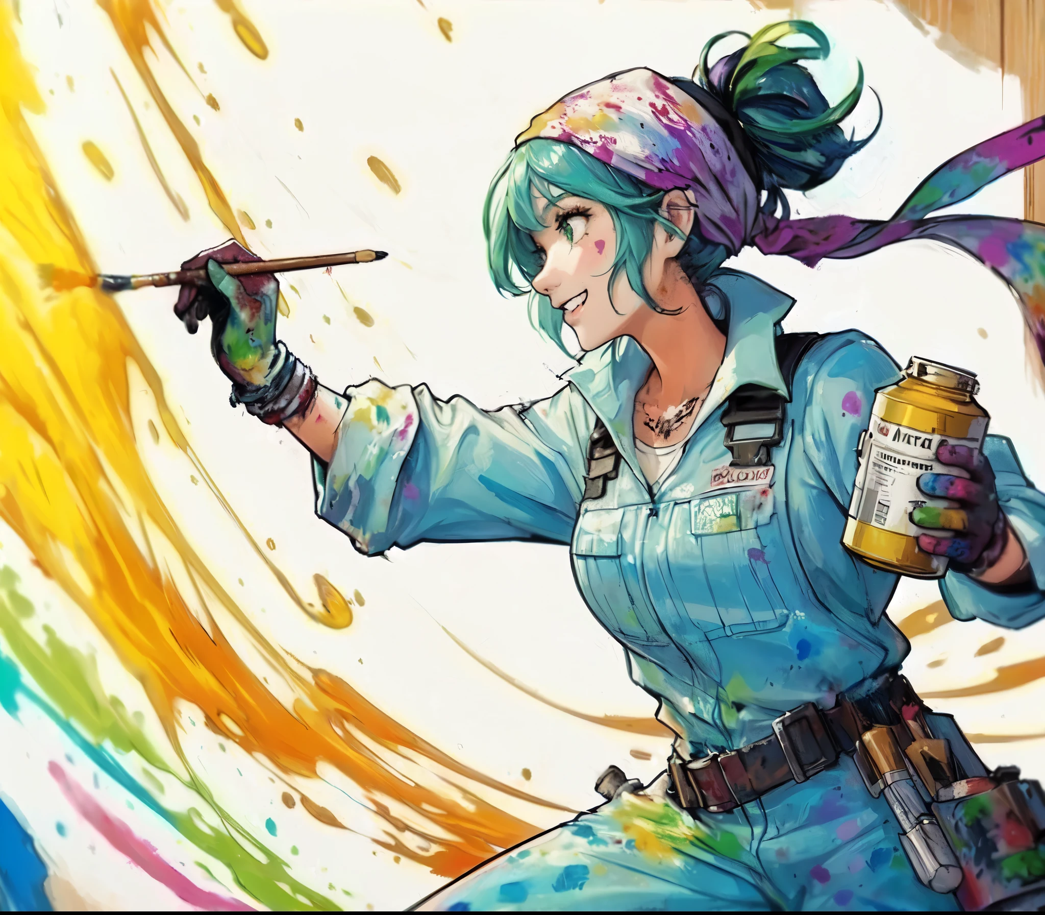 1lady solo, (painting (a spattering painting) on large white paper on the wall), (dynamic posing), (light blue jumpsuit splattered with various colors of paint) stylish, mature female, /(deep green hair/) bangs (bandana:1.1), blush happy smile (energetically:1.1) teeth, (smeared with paints), (masterpiece best quality:1.2) delicate illustration ultra-detailed, large breasts BREAK (spattering painting) (ink splatter:1.1), (primary colors) gold, (painting brush), (can of paints) BREAK (artist's studio indoors), (ink splatter)