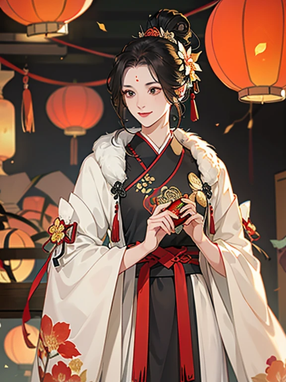 (best quality), ((masterpiece)), (highres), illustration, original, extremely detailed, licg, multiple girls, lantern, hair ornament, paper lantern, long hair, flower, hair flower, forehead mark, 1boy, hanfu, fur trim, chinese clothes, holding, black hair, long sleeves, looking at another, dress, short hair, facial mark, ponytail, hair bun, smile