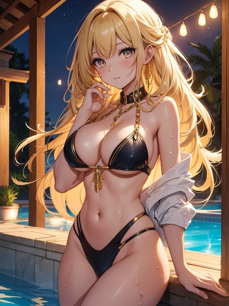 top-quality、Top image quality、​masterpiece、girl with((20yr old、Best Bust、big bast、Bust 85,beautiful golden eyes、Breasts wide open,Blonde long hair、A slender、Large valleys、Gold Bikini Dresses、Shy face、the whole body is wet、wetting hair、lean against the wall、dye one's cheeks red、)）hiquality、Beautiful Art、Background with((Night Pool、Parti、Golden Chain、Neon colored lighting)))masutepiece、visualart、depth of fields、