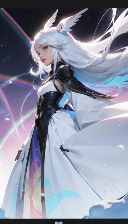 black woman, skin reference pantone black 3 C, 50 years, long snow-white hair, rainbow color eyes, wearing a fine shiny silk fabric. The background is a hall of the universe. 8k, best quality masterpiece.
