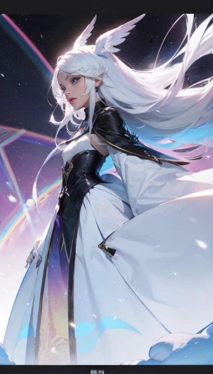 black woman, skin reference pantone black 3 C, 50 years, long snow-white hair, rainbow color eyes, wearing a fine shiny silk fabric. The background is a hall of the universe. 8k, best quality masterpiece.