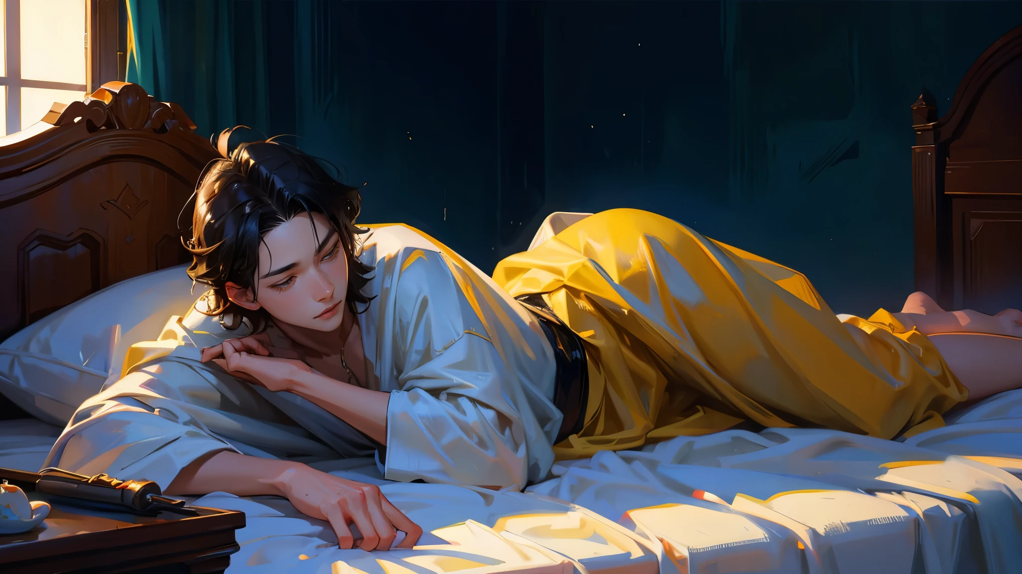 The king's son lying on the bed and the area of his forehead is wet. Painting in digital style