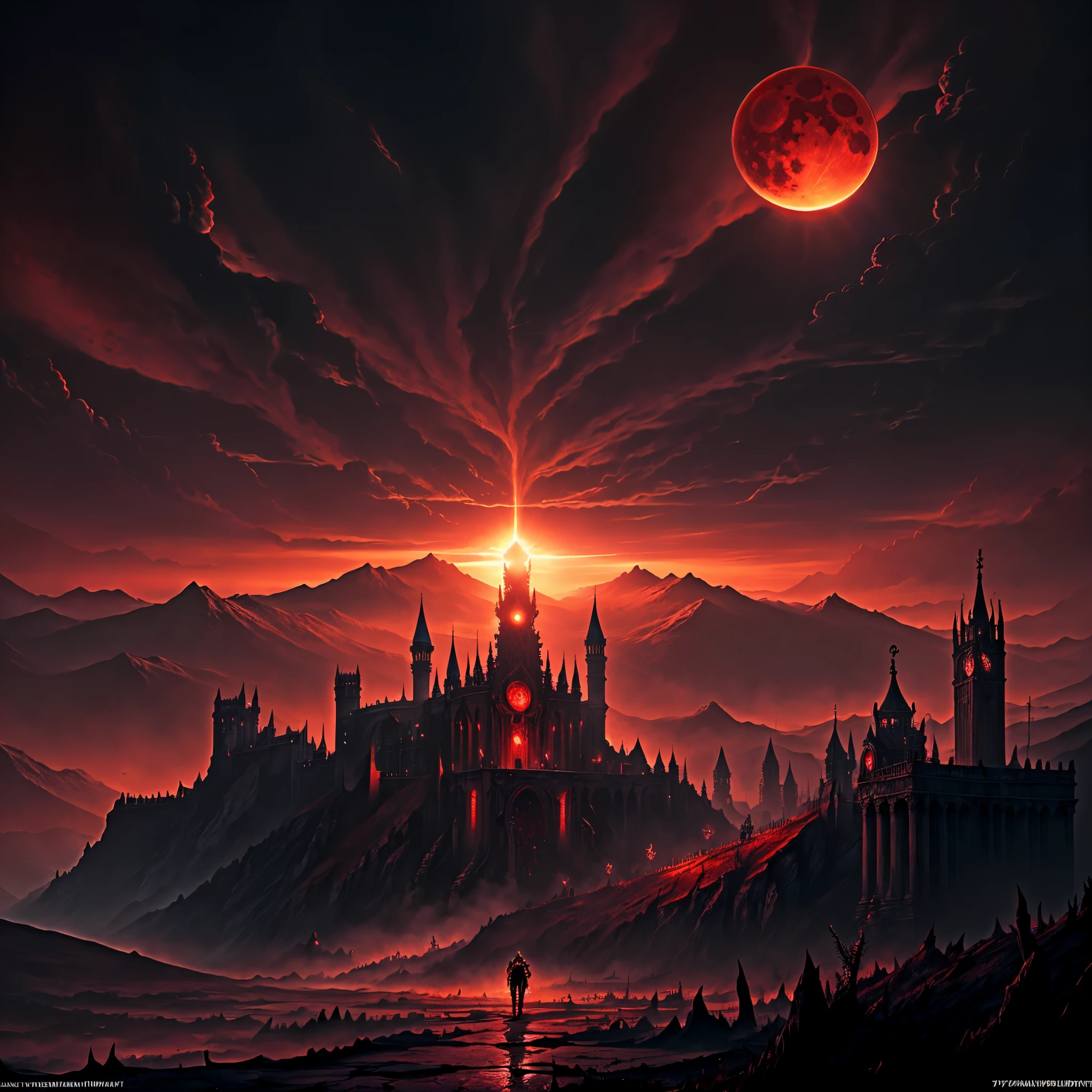 Hell scenery, imagination, castlevania, (realistically), satanic, clear sky, satanic, Synthetic, Sun sunset, blood moon, (human development report:1.5), Exterior, intricate details,Epic feeling，The scene is grand