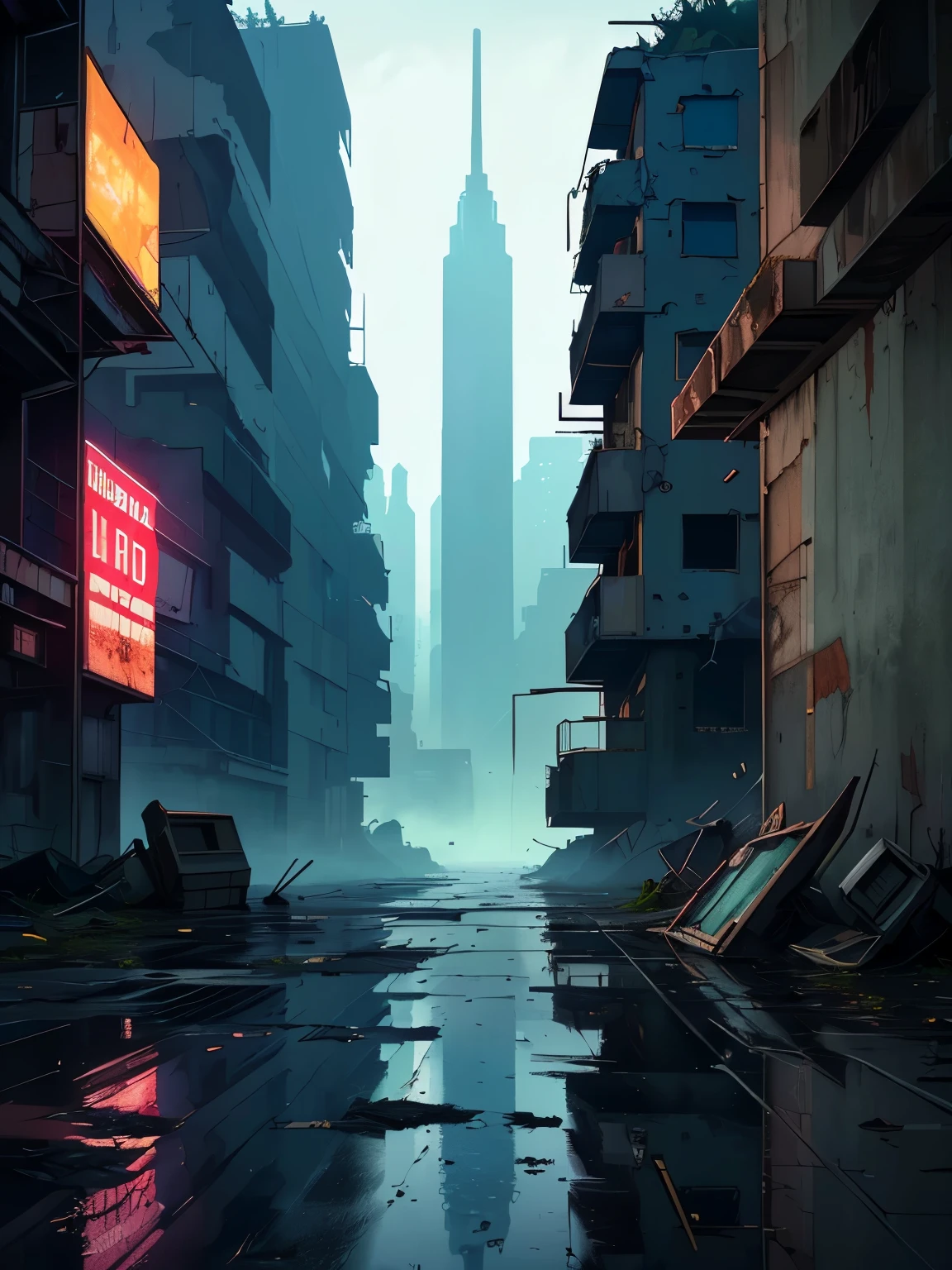 View from a building rooftop. old abandoned mega city. Brutalism buildings. dark. War ruins. Many satellite plates. Post soviet. loneliness. Ruined soviet building. ruined antennas. dark windows. Brutalist architecture. Old graffitis. technoir. neonoir, blade runner vibes. Post apocalyptic environment. old air conditions. old water-pipes. rain, fog, night. wet road. hell