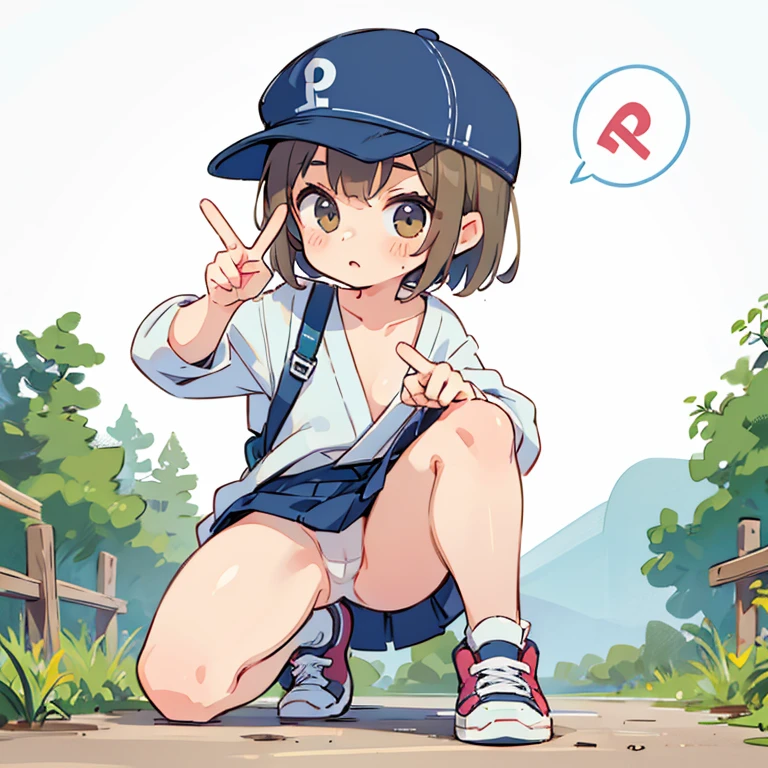 boyish girl,Cap worn in opposition,Completely naked,Sneakers naked,real face,peace sign,cute japanese,white underwear,Squat down and raise your knees high