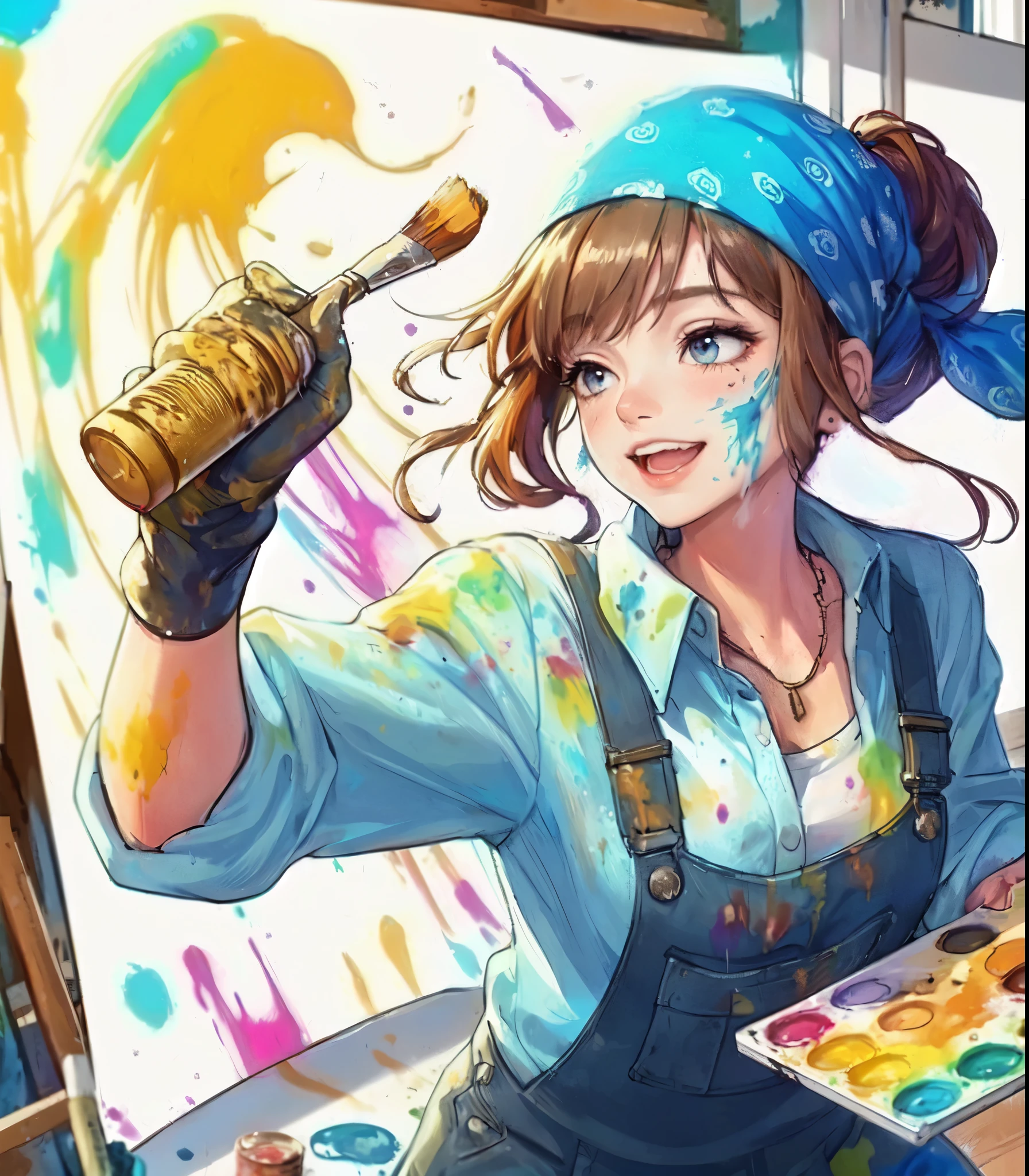 1lady solo, (painting (a spattering painting) on large white paper on the wall), (dynamic posing), (light blue jumpsuit splattered with various colors of paint) stylish, mature female, /(brown hair/) bangs (bandana:1.1), blush happy smile (energetically:1.1) teeth, (smeared with paints), (masterpiece best quality:1.2) delicate illustration ultra-detailed, large breasts BREAK (spattering painting) (ink splatter:1.1), (primary colors), (painting brush), (palette of paints) BREAK (artist's studio indoors), (ink splatter)