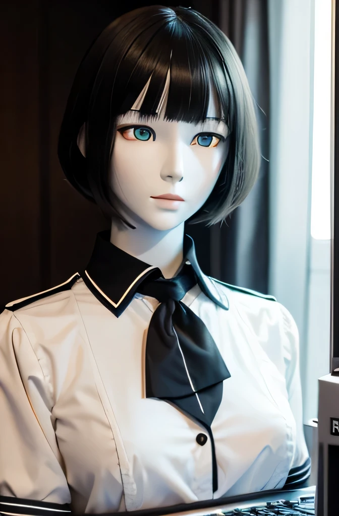 A mannequin is touching an old computer keyboard,that mannequin is beautiful,That mannequin is Erika Ikuta.,That mannequin is 25 years old.,The height of the mannequin is 165cm,mannequin color'my face is white.,mannequin color'The body is pure white.,The mannequin has black hair(bangs),mannequin color'eyes are black.,mannequin is wearing a girl'high school uniform.