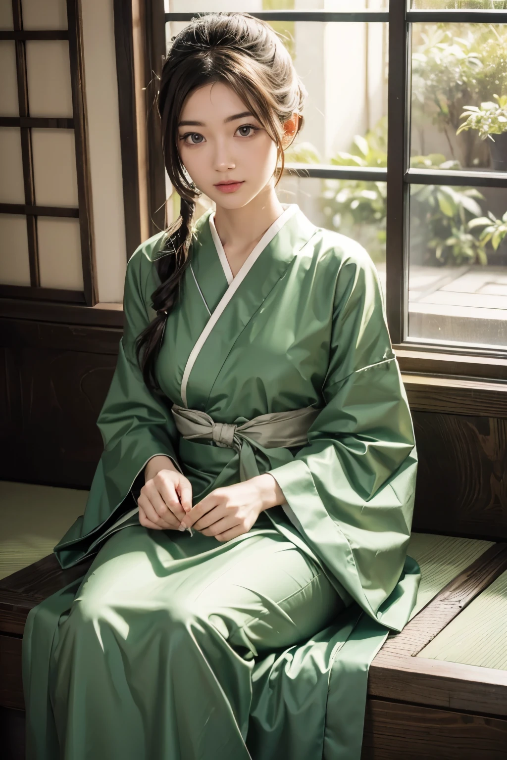 very beautiful japanese maid in green and silver clothes