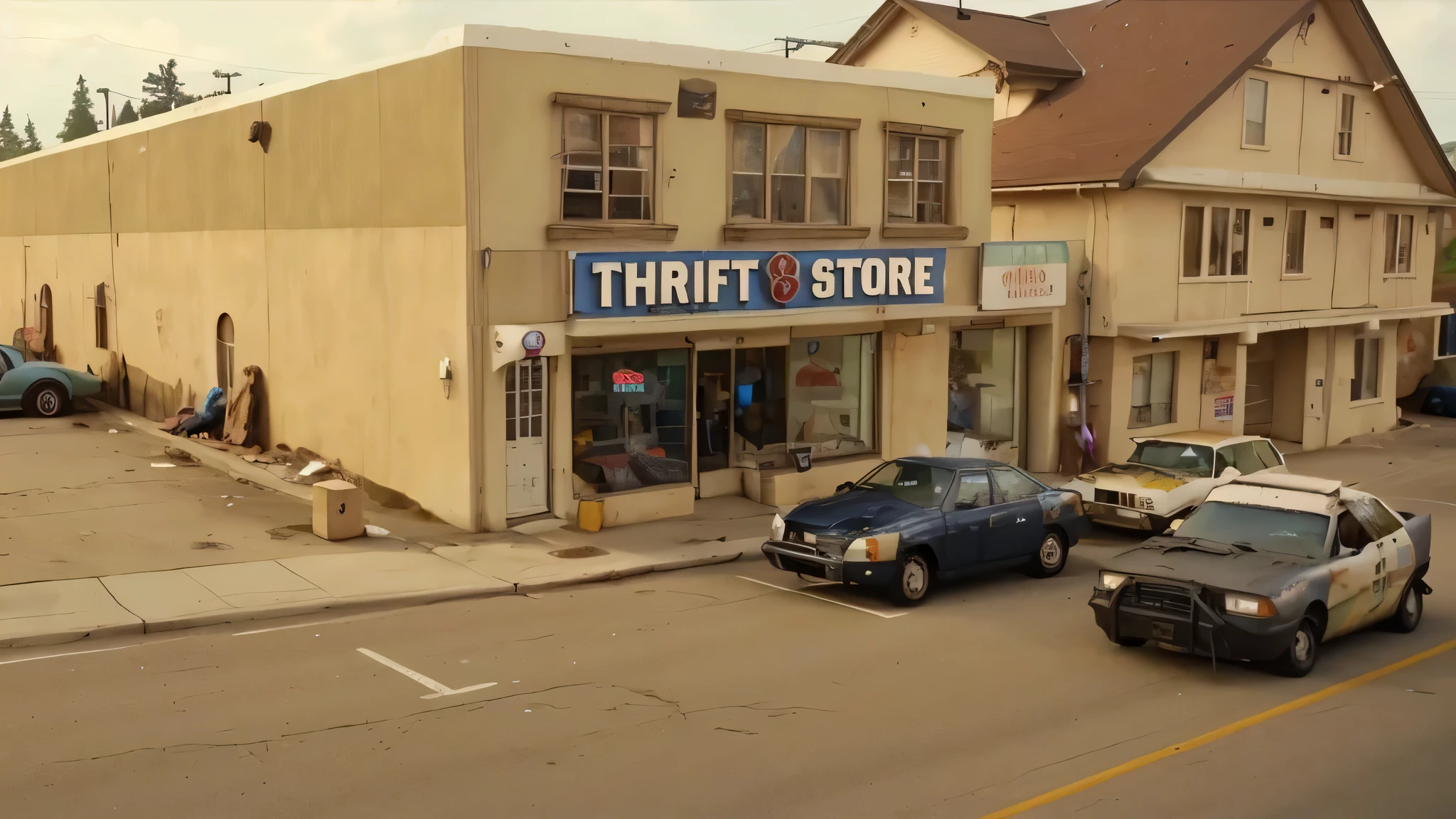 cars parked in front of a thrift store on a street, photo for a store, office/thrift store/social hall, the store, storefront, store, stores, mid 9 0 s, storefronts, gta, post apocalyptic shopping center, shot from danis villeneuve movie, a wide full shot, photo [ far ]
