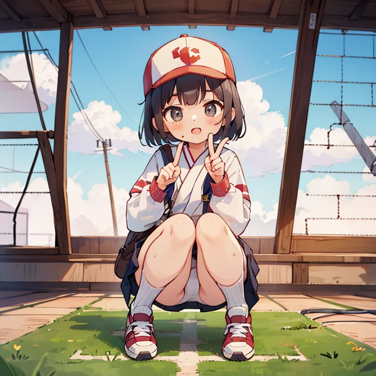 boyish girl,Cap worn in opposition,Completely naked,Sneakers naked,real face,peace sign,cute japanese,white underwear,Squat down and raise your knees high,Baseball Studio