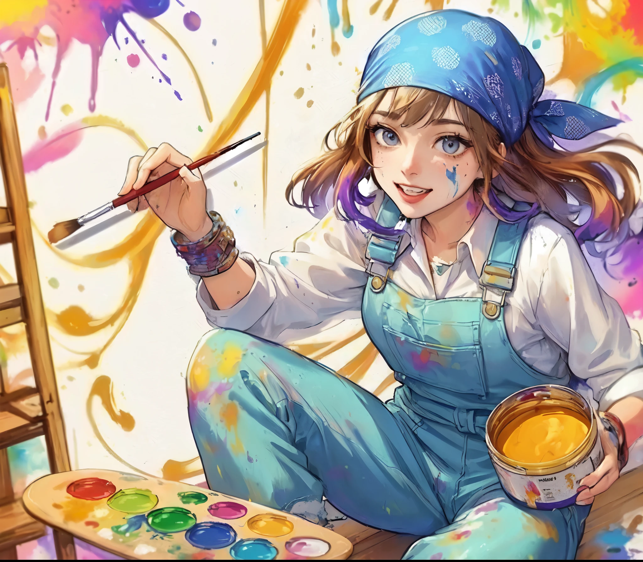 1lady solo, (painting (a spattering painting) on large white paper on the wall), (dynamic posing), (light blue jumpsuit splattered with various colors of paint) stylish, mature female, /(brown hair/) bangs (bandana:1.1), blush happy smile (energetically:1.1) teeth, (smeared with paints), (masterpiece best quality:1.2) delicate illustration ultra-detailed, large breasts BREAK (spattering painting) (ink splatter:1.1), (primary colors), (painting brush), (palette of paints) BREAK (artist's studio indoors), (ink splatter)