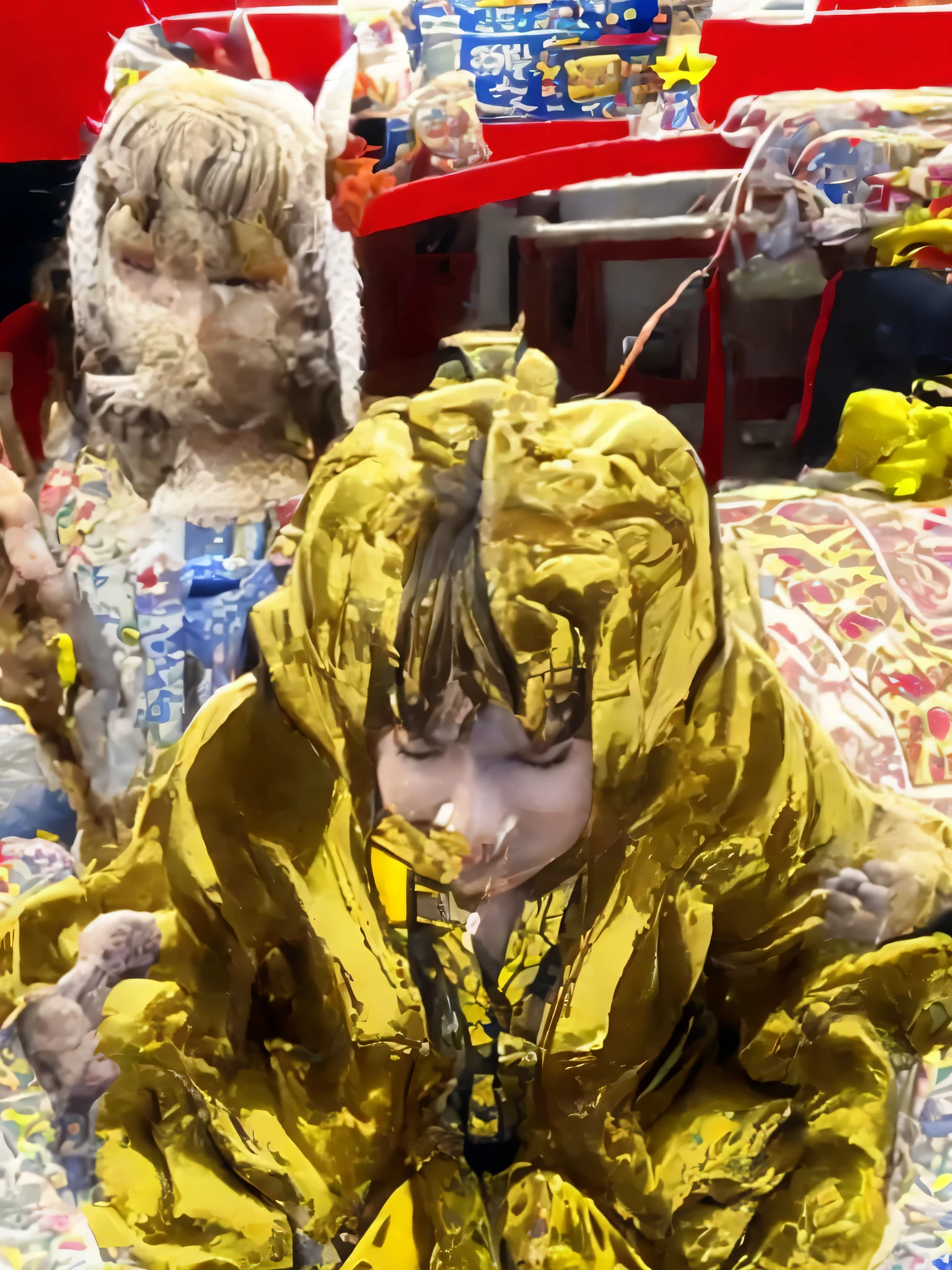hyper-realistic people who have their mouths and eyes sewn together with sewing thread