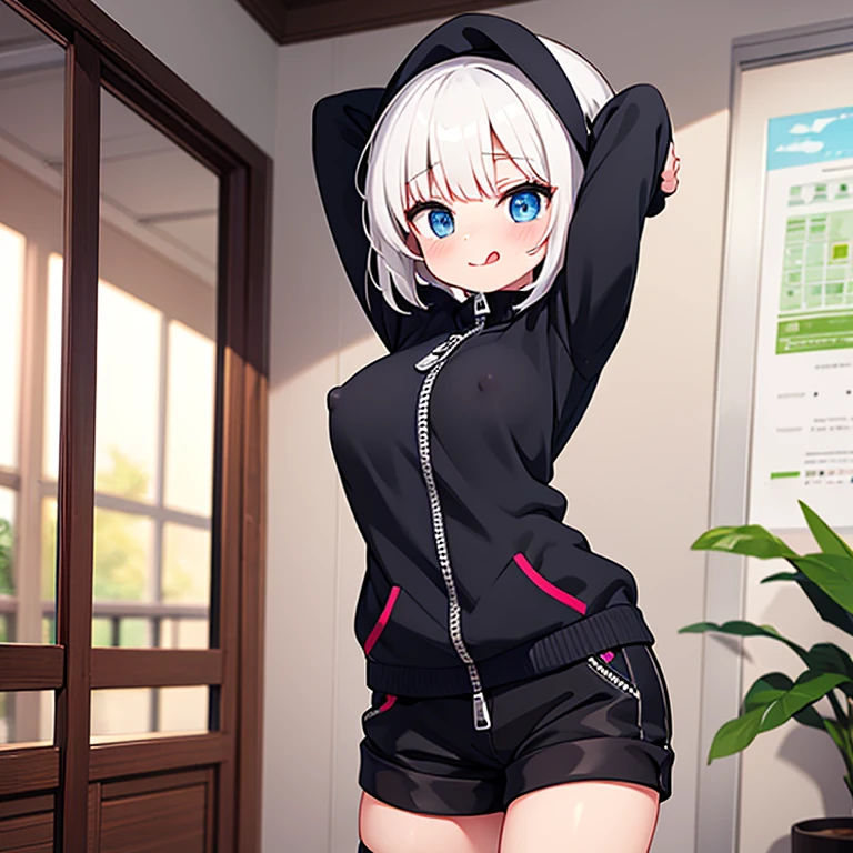 shark women in blue hoodie, no underwear, sitting on a gaming chair, shark shape hoodie, legs up, ************, petite body shape, sharp teeth, giggling face, blue eyes, no pant