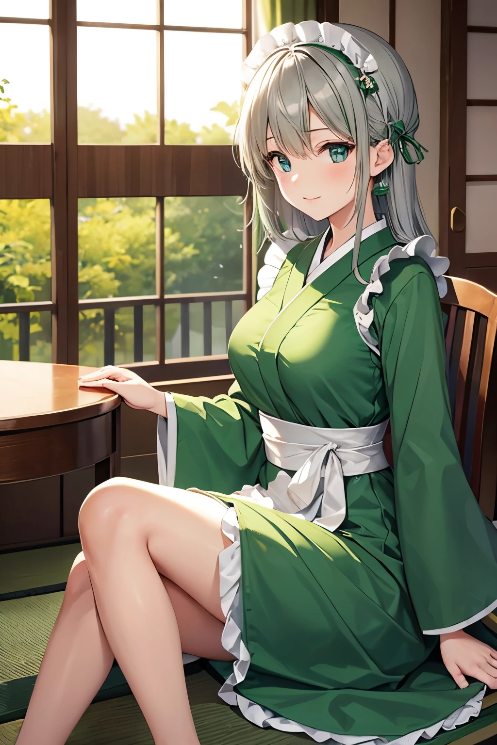 very beautiful japanese maid in green and silver clothes