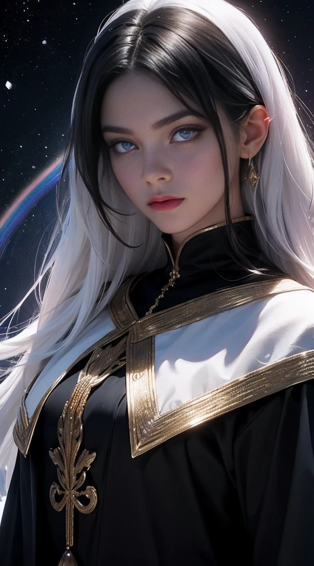 black woman, skin reference dark black, 40 years, long snow-white hair, rainbow color eyes, wearing a fine shiny silk fabric. The background is a hall of the universe. 8k, best quality masterpiece