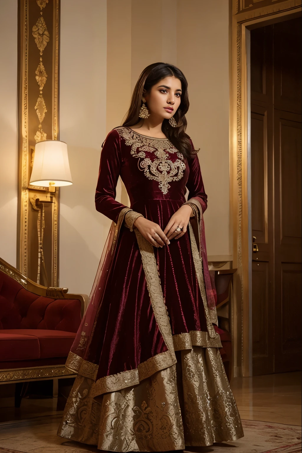 Create an Anarkali gown in rich velvet and brocade, embodying the grandeur of the Mughal era with a flowing silhouette, ornate embellishments, and regal hues.