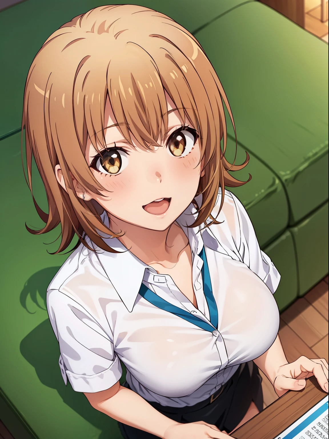 ((muste piece, best quality, High resolution, ticker, perfect pixel, Depth of bounds written, In 4K, )), 1 girl, solo, , beautiful anime girl, beautiful art style, 
close up of breasts, Looking at Viewer, 
perfect body,  

isshiki iroha, short hair,  brown hair, 
big breasts, 

full face blush,  open mouth, smile, 

white collared shirt, black skirt, 

From above, POV handjob,
upper glance,