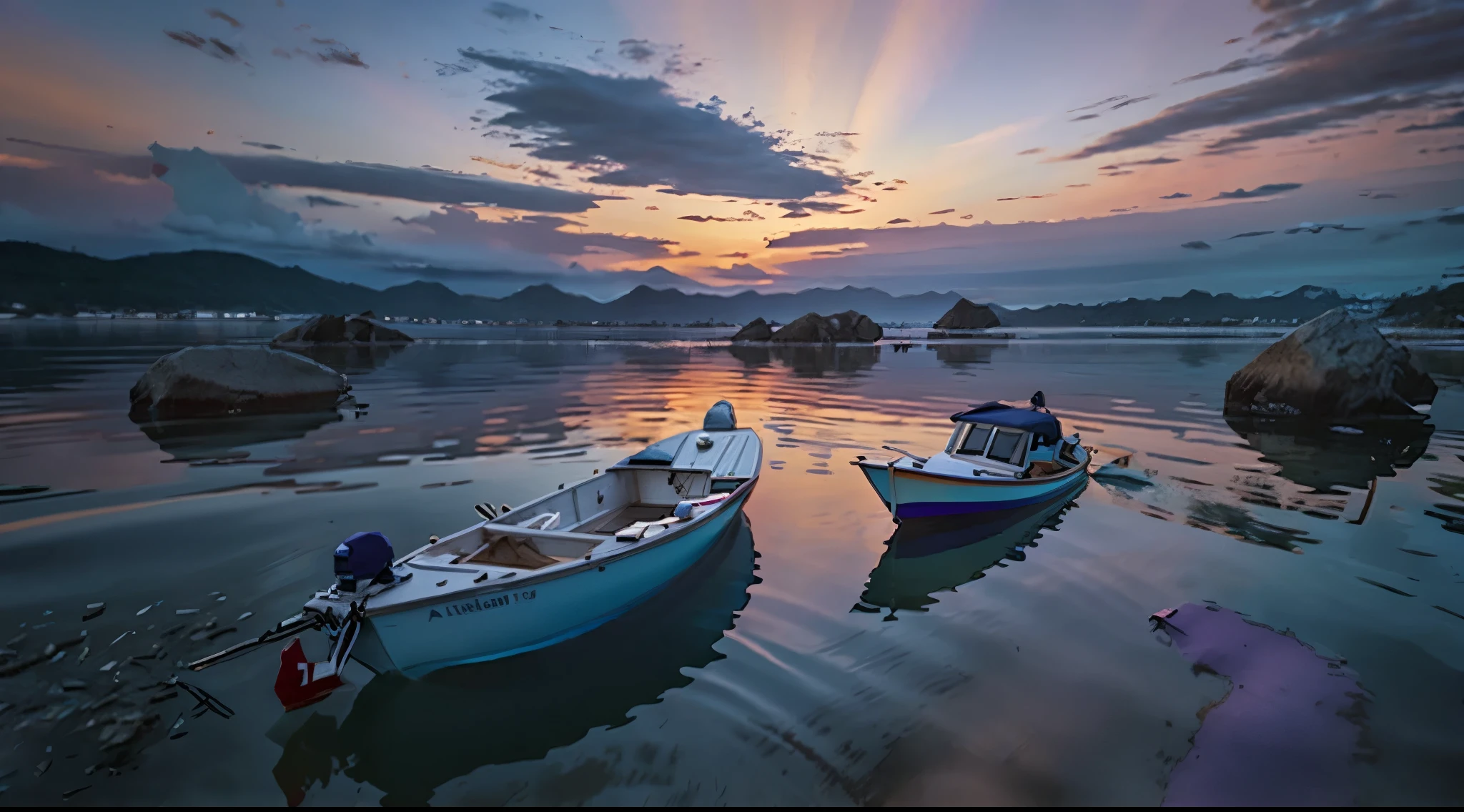 there is a small boat that is sitting in the water, serene colors, at purple sunset, calm evening, blue hour photography, photography shot at blue hour, calm vivid colors, vibrant setting, colorful sunset, purple sunset, purple glow, serene evening atmosphere, tranquility, taken with sigma 2 0 mm f 1. 4, vibrant vivid colors, calm atmosphere