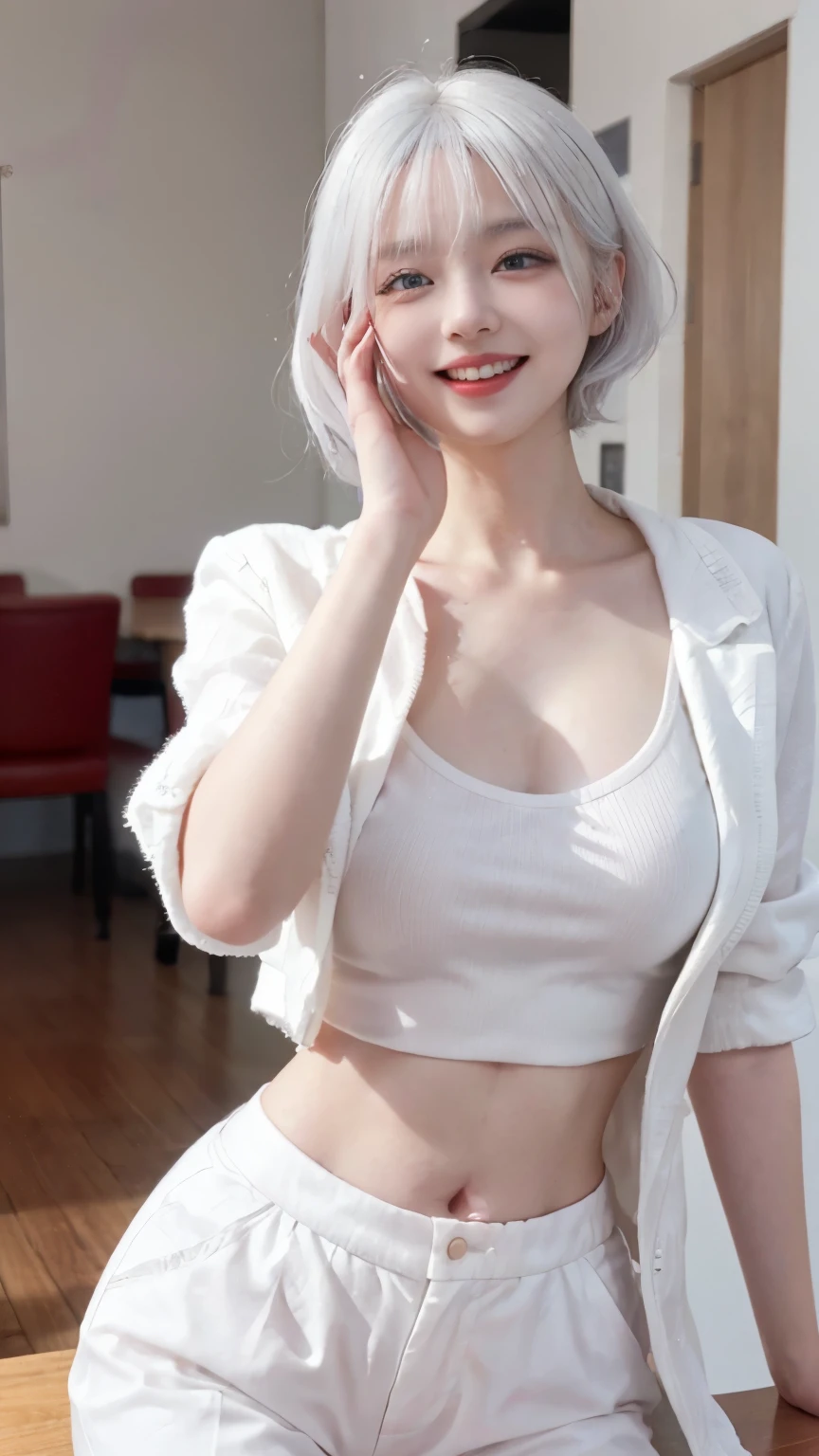 best image quality、Raw photo、ultra high resolution、21 year old Korean、dynamic angle、cowboy shot、the most beautiful form chaos、elegant、brutalist design、short bob、vivid colors、smile、radiant white skin、Beautiful eyes with random colors、ultra thin lips、Beautiful eyes in every detail、long eyes、light pink cheek、long eyelashes、beautiful double eyelids、eye shadow、bright white hair、open cafe、crop top、Sheer outerwear、Harlem pants、bold pose、background blur、dynamic angle、laughter、Hand gestures、Full body shot