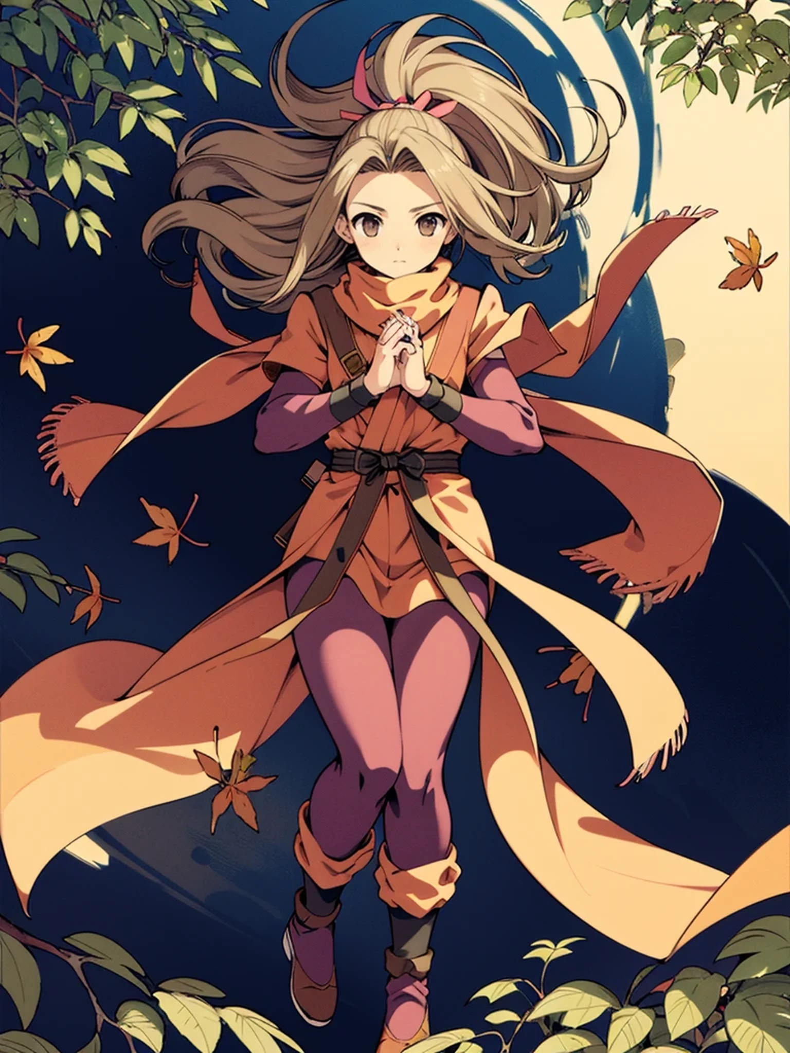 1girl, solo, full body, fujibayashi suzu, scarf, shoulder belt, tales of phantasia,
ninja, worship with hands together, river, wind, (many leaves are dancing:1.3)