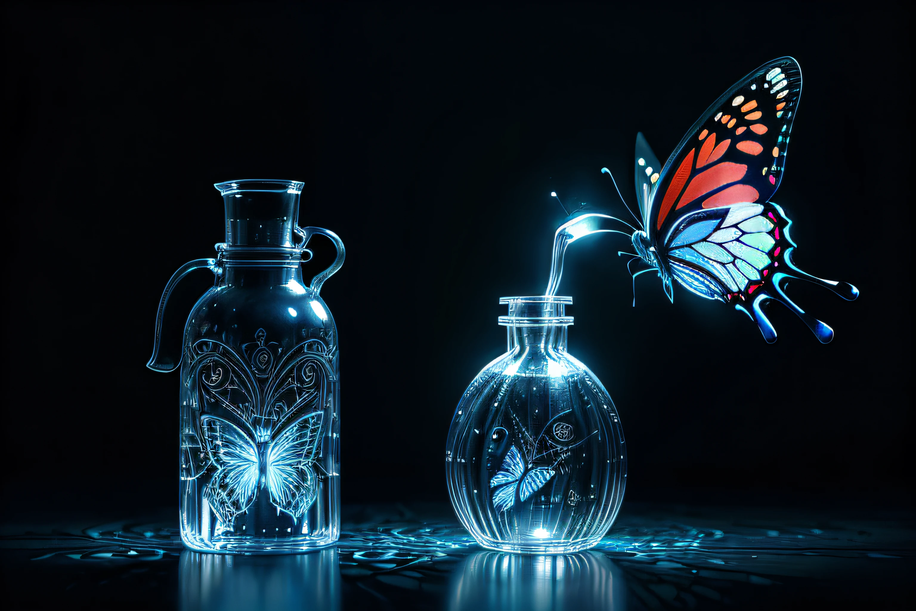 Unique dark fantasy butterfly glow, detalle intrincado del fondo del laboratorio de la bruja, en la botella de agua grabada en una delicadamente loca tallada, hermoso espacio negativo, ricos contrastes audaces, reflectores delicados, pinceladas detalladas y fuertes, intrincadas pinturas de acuarela, luz y sombra, impresionante obra maestra dentro, colores ricos y trazos precisos, detalles intrincados en profundidad, verdaderamente visualmente, magia visualmente impresionante,