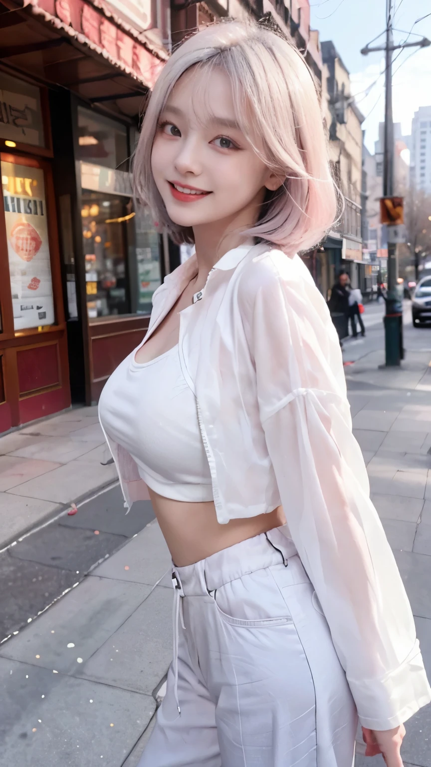 Highest image quality、Live shooting、ultra high resolution、21 year old Korean、small breasts、dynamic angle、cowboy shot、the most beautiful form chaos、elegant、brutalist design、vivid colors、short bob、laugh together、fun、smile、shiny white skin、Beautiful eyes with random colors、very thin lips、Beautiful eyes in every detail、elongated eyes、pale pink blush、long eyelashes、beautiful double eyelids、eye shadow、bright white hair、black crop top、Sheer outerwear、Harlem pants、Hand gestures、shot from the side、daytime、outside of home、large park
