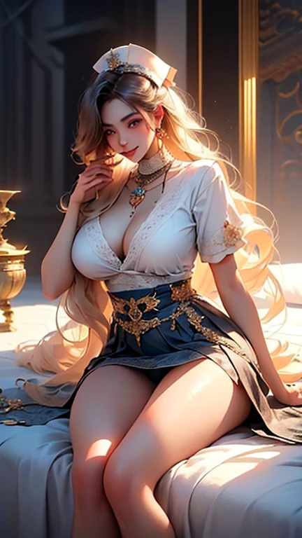 ((highest quality)), ((masterpiece)), (be familiar with:1.4), 3D, A Beautiful Female Figure,HDR(high dynamic range),ray tracing,NVIDIA RTX,super resolution,unreal 5,scattered below the surface、PBR texture、post-processed、anisotropic filtering、written boundary depth、maximum clarity and sharpness、multilayer texture、Albedo and specular maps、surface coloring、Accurate simulation of light-matter interactions、perfectly proportioned、octane rendering、two color light、Large Diameter、Low ISO、White balance、Rule of thirds、8,000 students、 ((A composition of a princess wearing a beautiful, delicate, A gorgeous nurse with jewels scattered all over her body、The shirt is unbuttoned so you can see a lot of skin and breasts.、A nurse wearing a skirt with a large slit, studded with beautiful, delicate and gorgeous jewels.))、(very cute erotic beautiful girl)、 (Very cute Japan woman、very beautiful Japanese woman、famous idol、Japanese woman with a very beautiful face、Japanese woman with a very cute face)、(body shape、Perfectly proportioned body like a gravure idol、big breasts、(Dazzling super beautiful super long blonde ponytail、wavy hair、have bangs)、beautiful 22 years old、((cute smile、shy smile、Composition of facial expressions and gestures that seduce men)).full body photo、 (big beautiful shining blue eyes、Body and clothes wet with sweat and water、Wet body and clothes after swimming)、((Front view of underwear/panties))、((Composition of lying on bed with legs wide open))、((Composition of a man giving blowjob to a man's penis and holding the penis in his mouth))、(Looking at the camera in front、facing straight)