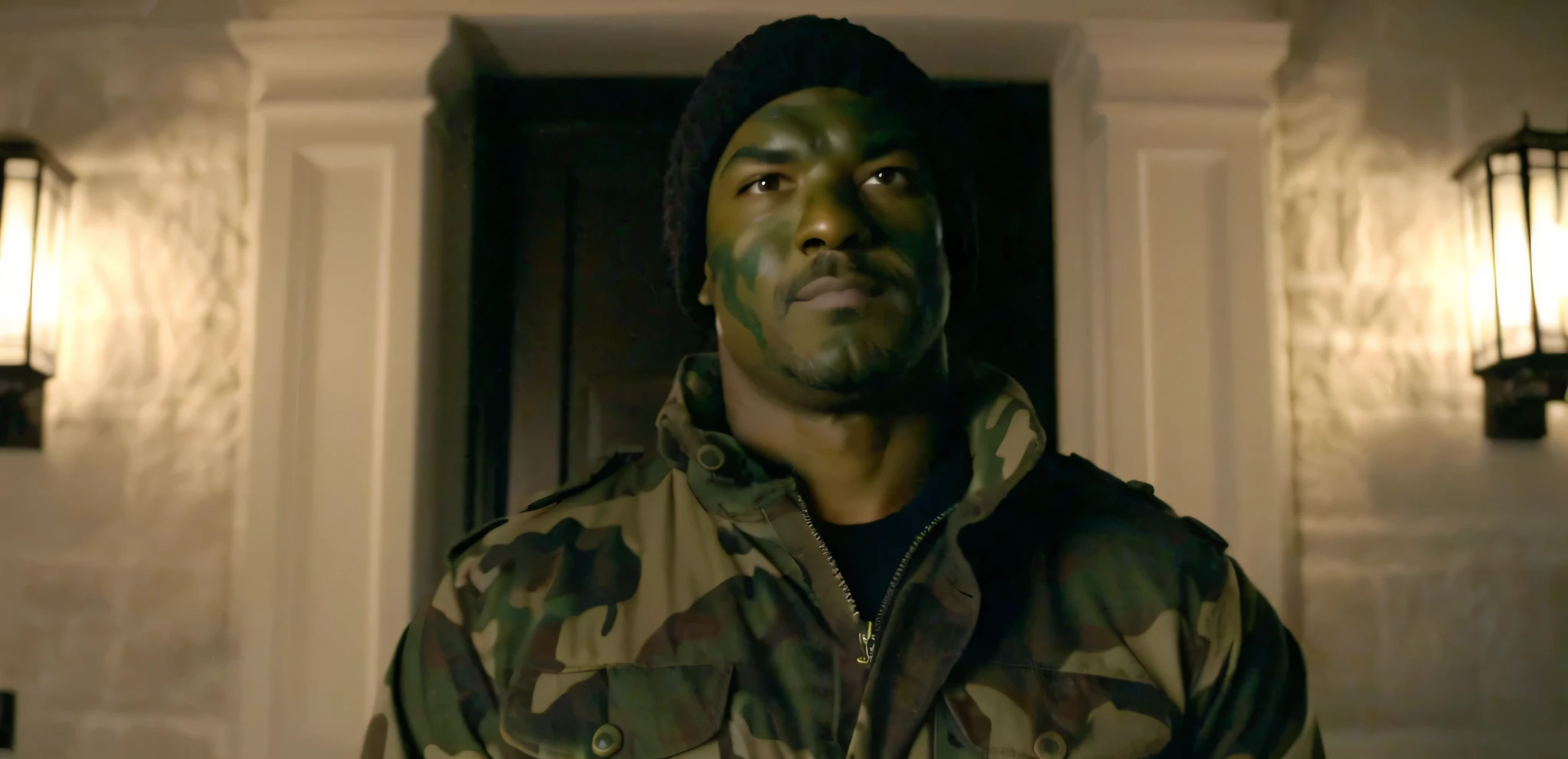 arafed man in camouflage jacket standing in front of a door, korg from thor as a soldier, green doom guy, green skinned, movie screencap, jayson tatum as guerilla heroica, green face, best scene, doom guy, menacing appearance, antony starr, actor, menacing look, smug look, still from a live action movie