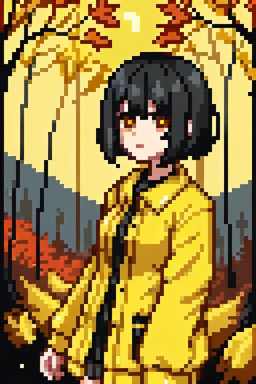 1 girl, black hair,short hair、whole body, Pixel World,nature, forest, autumn, Yellow leaves, night sky