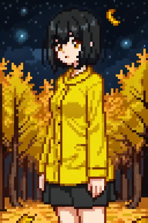 1 girl, black hair,short hair、whole body, Pixel World,nature, forest, autumn,  Yellow leaves, night sky