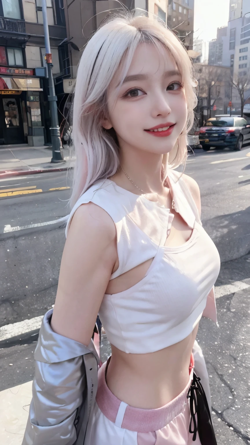 Highest image quality、Live shooting、ultra high resolution、21 year old Korean、small breasts、dynamic angle、cowboy shot、the most beautiful form chaos、elegant、brutalist design、vivid colors、short bob、laugh together、fun、smile、shiny white skin、Beautiful eyes with random colors、very thin lips、Beautiful eyes in every detail、elongated eyes、pale pink blush、long eyelashes、beautiful double eyelids、eye shadow、bright white hair、black crop top、Sheer outerwear、Harlem pants、Hand gestures、shot from the side、daytime、outside of home、large park