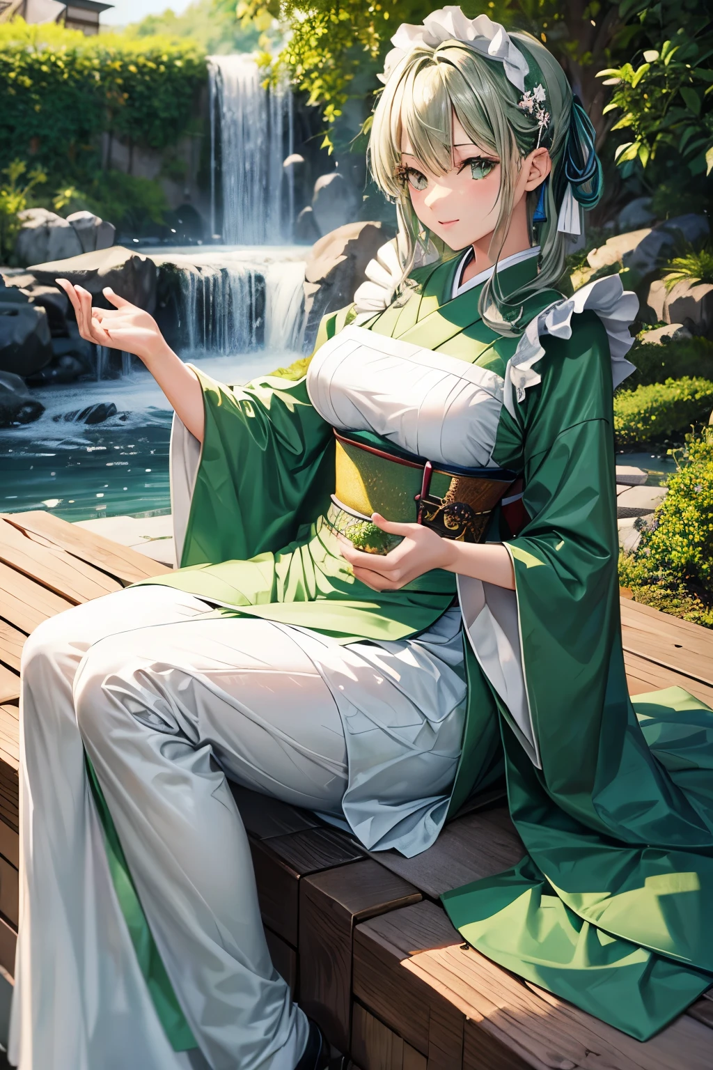 very beautiful japanese maid in green and silver clothes