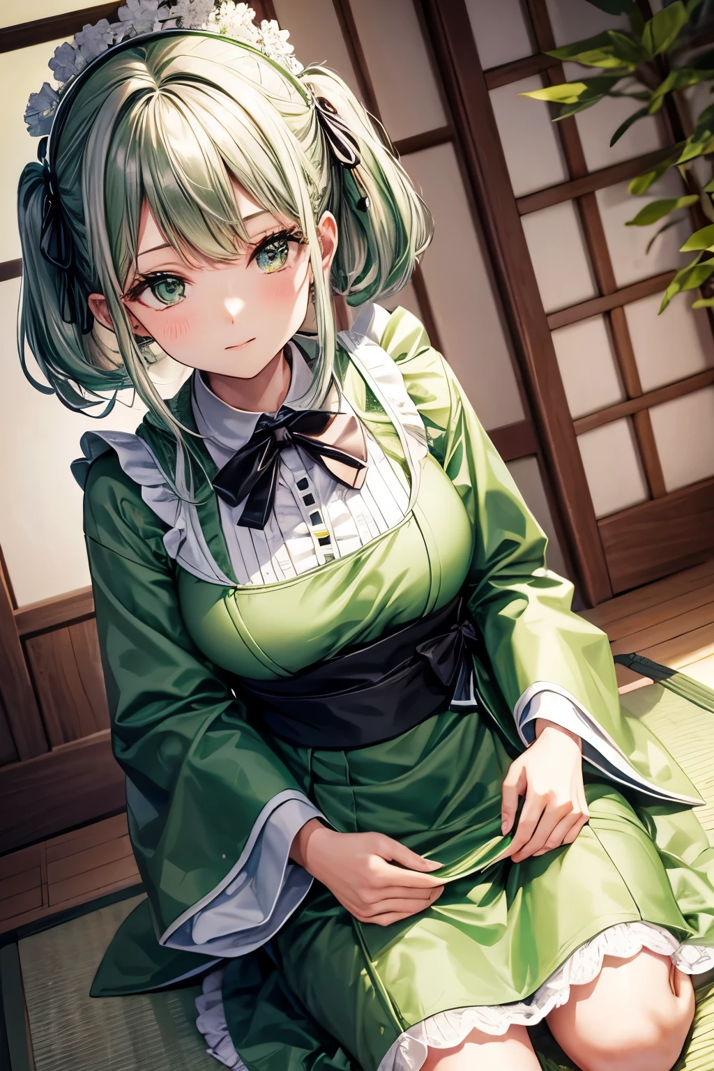 very beautiful japanese maid in green and silver clothes