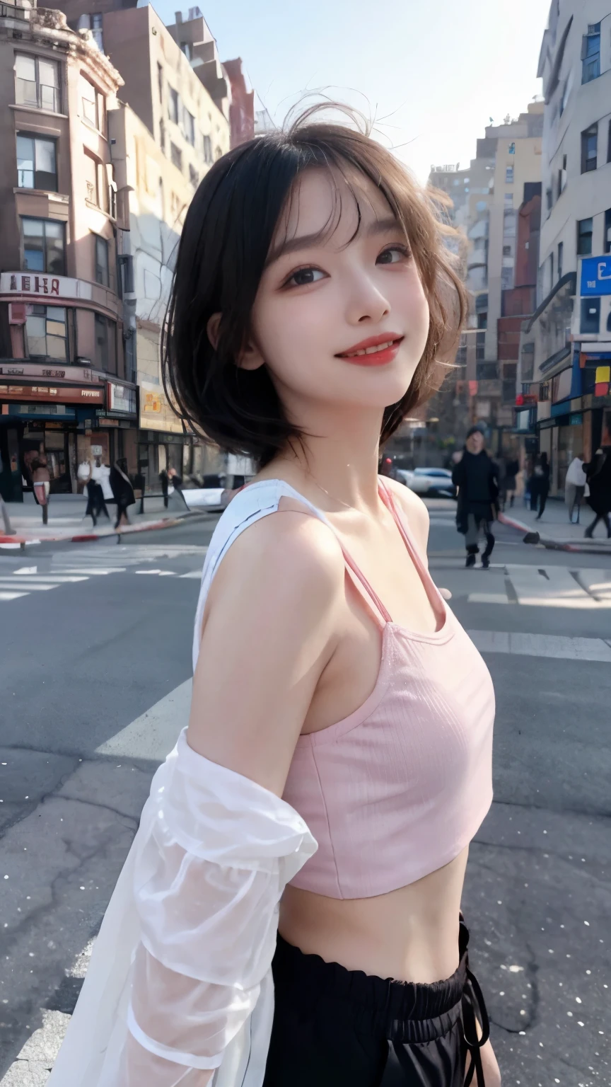 Highest image quality、Live shooting、ultra high resolution、21 year old Korean、small breasts、dynamic angle、cowboy shot、the most beautiful form chaos、elegant、brutalist design、vivid colors、short bob、laugh together、fun、smile、shiny white skin、Beautiful eyes with random colors、very thin lips、Beautiful eyes in every detail、elongated eyes、pale pink blush、long eyelashes、beautiful double eyelids、eye shadow、bright white hair、black crop top、Sheer outerwear、Harlem pants、Hand gestures、shot from the side、daytime、outside of home、large park