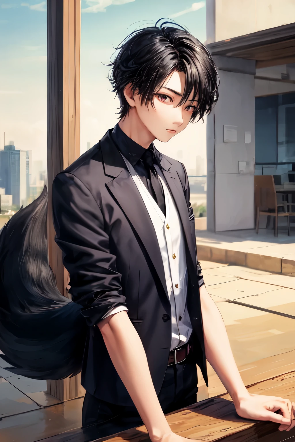 Top quality, black hair, young man, slanted eyes, long eyes, thin build Short Wolf Hair