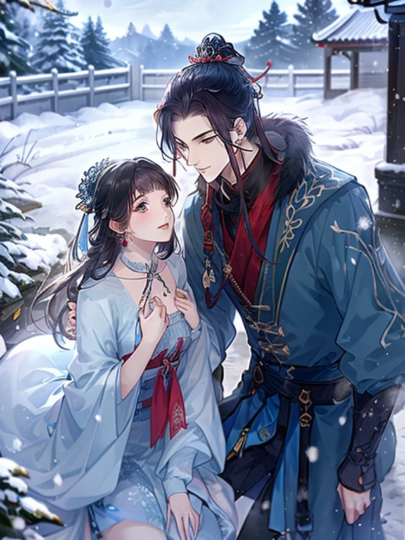 (best quality), ((masterpiece)), (highres), illustration, original, extremely detailed, licg, snow, snowman, 1girl, 1boy, chinese clothes, black hair, outdoors, long hair, winter, long sleeves, fur trim, hanfu, snowing, ponytail, jewelry, ribbon, looking down, earrings, blurry, hair ornament