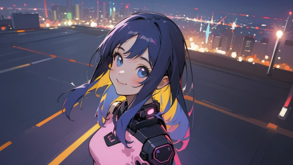 Glowing android eyes, A beautiful and cute 25-year-old woman, Adorable smiling AI, artificial intelligence,, Rainbow Hair, Black Hair, Rainbow strands of hair, Big Breasts, Random Pause, Random hairstyle, Random representation, Random Cyberpunk Background , Large scale , Large scale ass