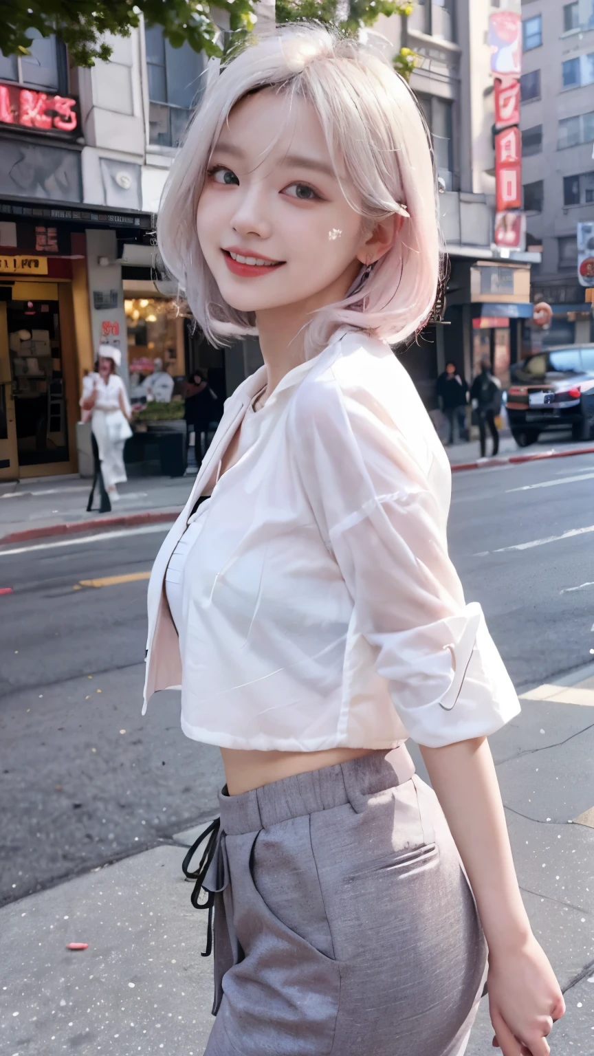 Best image quality、RAW Photos、超A high resolution、21 years old Korean、Small breasts、Dynamic Angle、Cowboy Shot、Chaos in its most beautiful form、elegant、Brutalist Design、Vibrant colors、Beautiful white hair、Short Bob、smile、fun、smile、Glowing White Skin、Beautiful eyes with random colors、Very thin lips、Beautiful eyes in every detail、 Narrow eyes、Cheeks are pale pink、Eyelash length、Beautiful double eyelids、eye shadow、Bright white hair、Black crop top、Lightweight see-through jacket、Transparent Top、Harem pants、Large park、Cafe、Shooting from the rear、turn around、The wind is blowing、Hair fluttering、Hand gestures