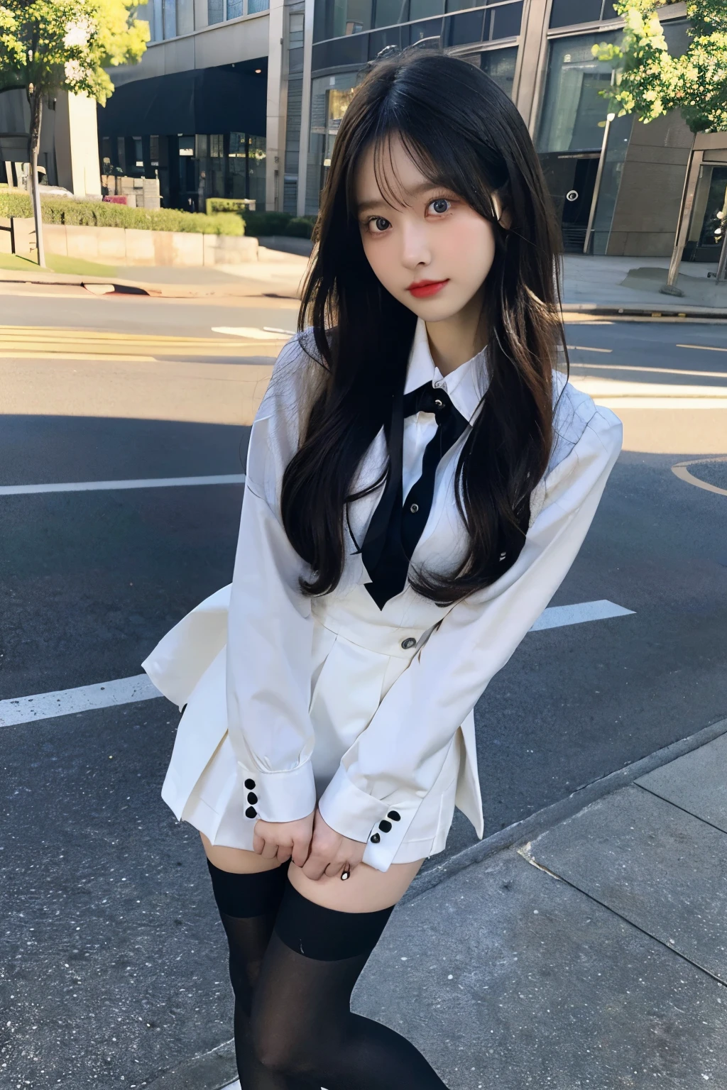 highest quality, full body portrait, delicate face, beautiful face, Big eyes: 1.1, compensate: 1.2, 25 year old female, Because I'm slender, small bust, OL uniform, Women's White Collar Uniform, Business service, black stockings, outdoor scene, Are standing, long hair