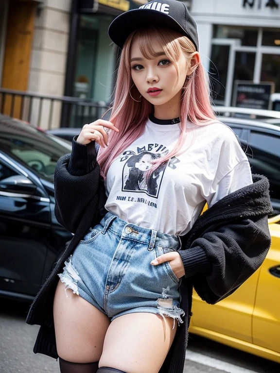 (best quality, hyper detailed, high quality, masterpiece)"Create an image of a fashionable and trendy gal-style girl. She should have colorful dyed hair, styled in a cute and edgy way. She should be wearing a trendy outfit with a mix of vibrant colors and bold patterns. The background should be a vibrant cityscape or a stylish urban setting to complement her fashion-forward look. Make sure to capture her confident and sassy demeanor in the image. Showcasing her with a happy and stylish expression would be perfect.