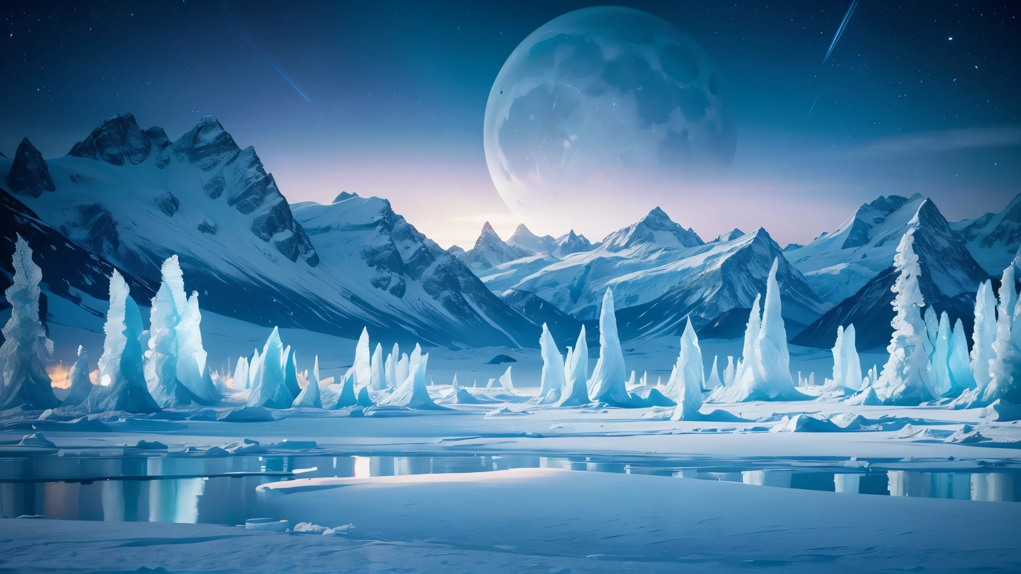 An exquisite arctic landscape painted in various shades of ethereal blue, showcasing the untouched beauty of icy glaciers, sparkling snow-covered peaks, and an expansive frozen forest stretching as far as the eye can see. A landscape with feminine curves. Mounds reminiscent of the
the shape of generous breasts. (An ultra modern scientific base is casting light to the sky:1.3).The serene atmosphere is intensified by the soft glow of the moon reflecting off the crystalline ice, creating a captivating tableau of pure tranquility and awe-inspiring natural wonders. Northern lights. National geographic style. Masterpiece. UHD.
