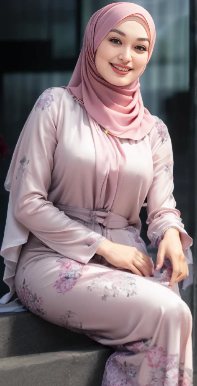 Luna Maya, slim faces, (RAW photo:1.2), (photorealistic:1.4),(masterpiece:1.3),(best quality:1.4),ultra high res,(detailed eyes),(detailed facial features),(detailed clothes features),HDR,8k resolution, skin tight, (((high detailed skin,visible pores))),1 girl, tall body, slim faces, body abs:1.2, 30 years old, muslimah, firm round breast:1.4, uplift nipples, wearing tight close beie pastel floral silk malay gamis abaya with hijab shawl covering her breasts, full body, beautiful shy smile, wearing high heels