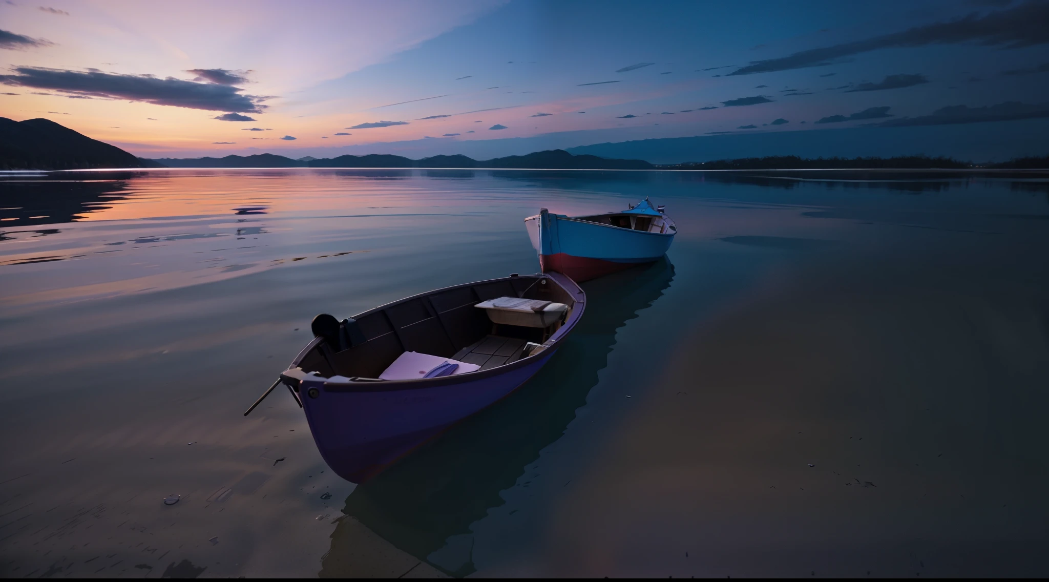 there is a small boat that is sitting in the water, serene colors, at purple sunset, calm evening, blue hour photography, photography shot at blue hour, calm vivid colors, vibrant setting, colorful sunset, purple sunset, purple glow, serene evening atmosphere, tranquility, taken with sigma 2 0 mm f 1. 4, vibrant vivid colors, calm atmosphere