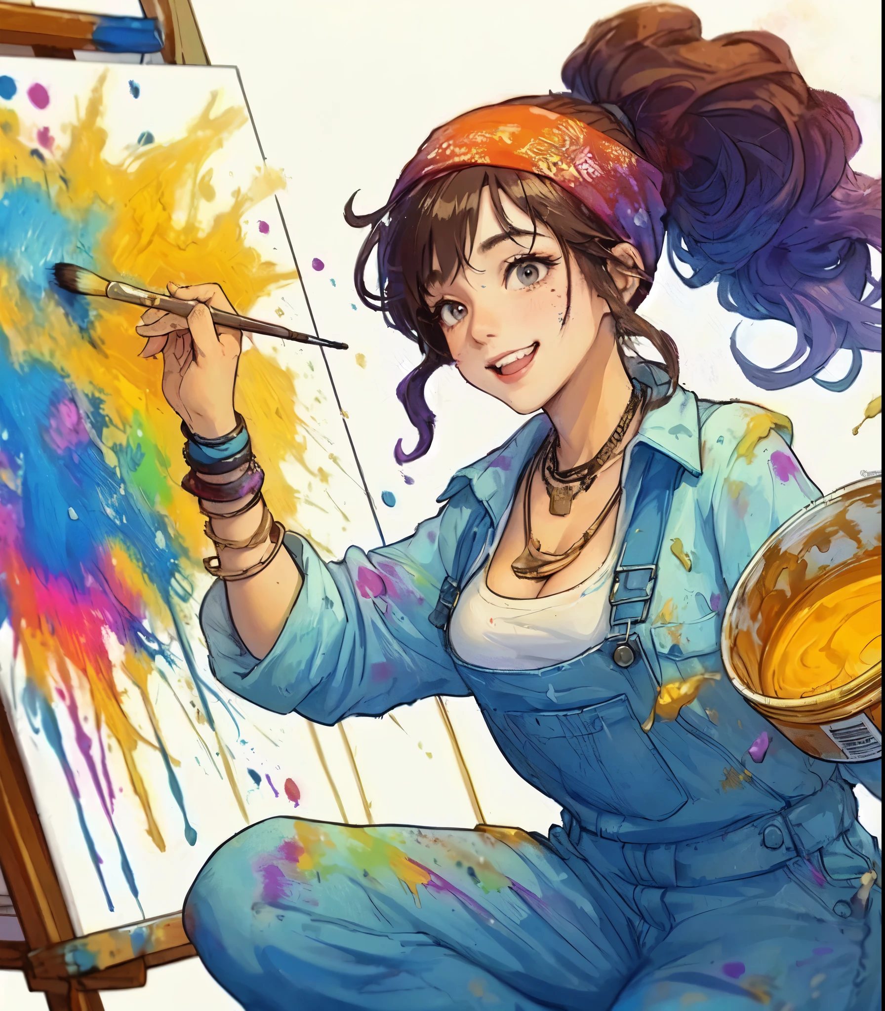 1lady solo, (painting (a spattering painting) on large white paper on the wall), (dynamic posing), (light blue jumpsuit splattered with various colors of paint) stylish, mature female, /(dark brown hair/) bangs (bandana:1.1), blush happy smile (energetically:1.1) teeth, (smeared with paints), (masterpiece best quality:1.2) delicate illustration ultra-detailed, large breasts BREAK (spattering painting) (ink splatter:1.1), (primary colors) gold, (painting brush), (can of paints) BREAK (artist's studio indoors), (ink splatter)