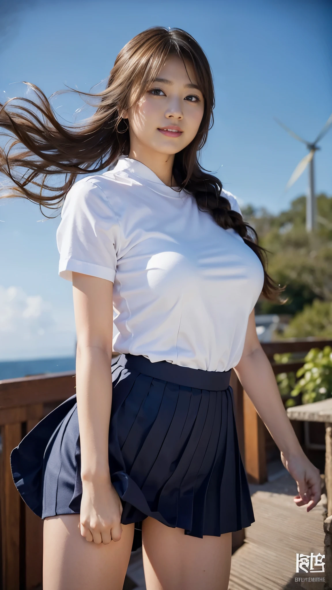 RAW photo, 1 girl, incredibly absurd, beautiful girl, (cute), (One knot in the braid), Depth of written boundary, High resolution, Super detailed, (delicate), very detailed, highly detailed eyes and face, sharp pupils, realistic student, sharp focus, cinematic lighting, Eye and face details, (Japanese high school short sleeve uniform), Cowboy Shot Full Body, (wind lift:1.8), cameltoe, High school rooftop, shy smile, Seduce, Big breasts that are about to burst, Close-up, perfect body, (look up from below), Summer Cloud