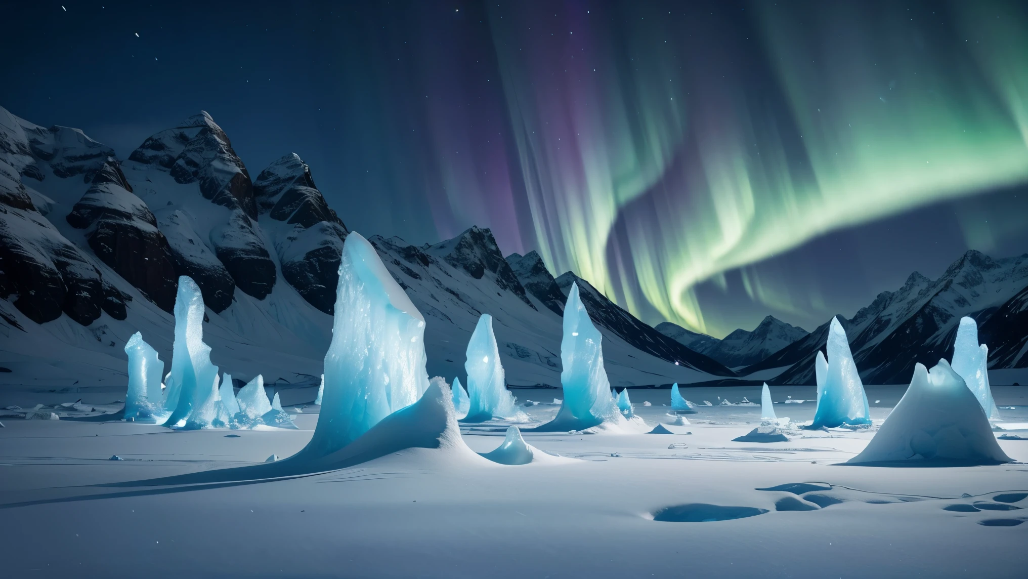 An exquisite arctic landscape painted in various shades of ethereal blue, showcasing the untouched beauty of icy glaciers, sparkling snow-covered peaks, and an expansive frozen forest stretching as far as the eye can see. A landscape with feminine curves. Mounds reminiscent of the 
the shape of generous breasts. The serene atmosphere is intensified by the soft glow of the moon reflecting off the crystalline ice, creating a captivating tableau of pure tranquility and awe-inspiring natural wonders. Northern lights. National geographic style. Masterpiece. UHD.