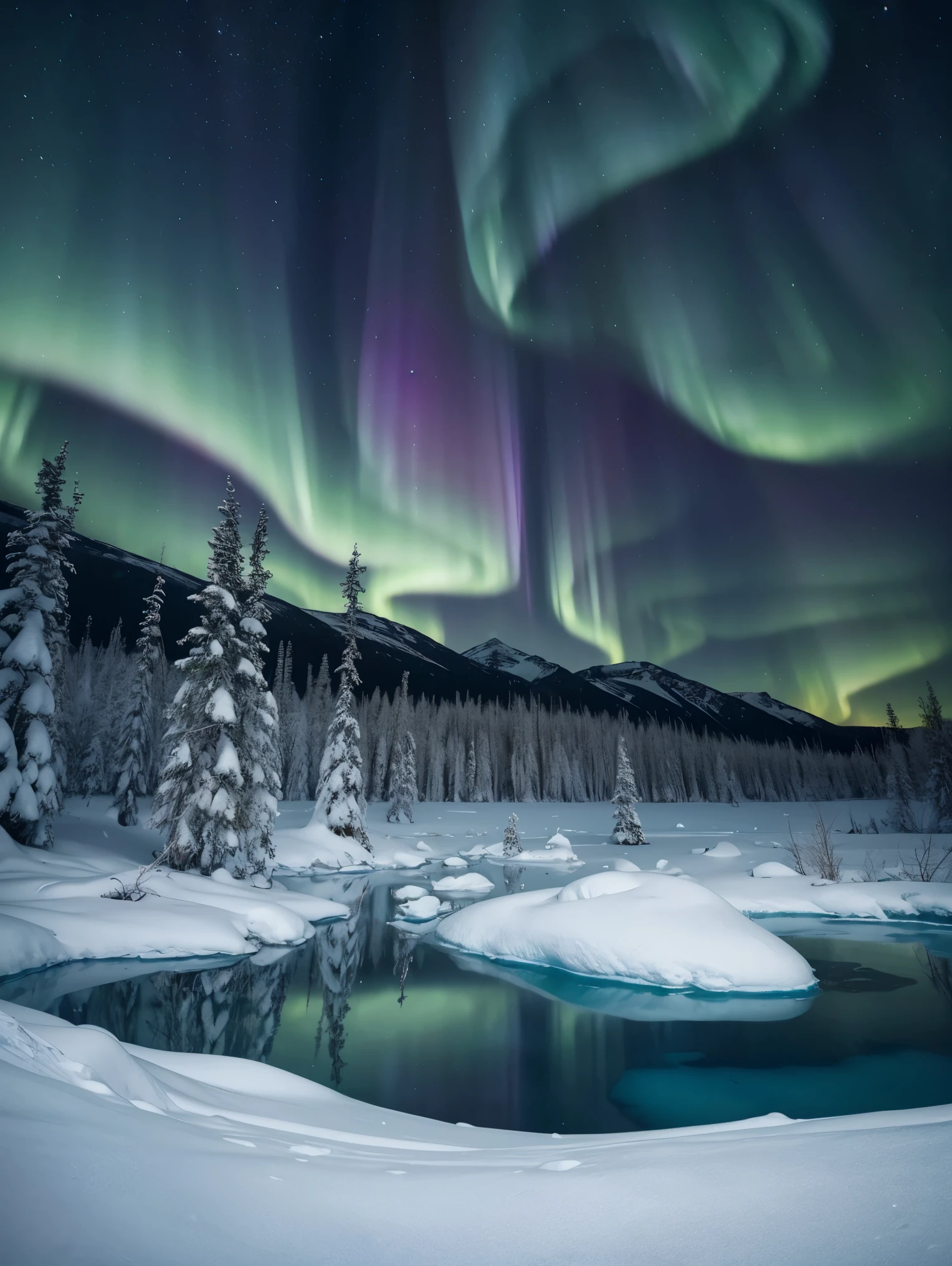 An exquisite arctic landscape painted in various shades of ethereal blue, showcasing the untouched beauty of icy glaciers, and an expansive frozen forest stretching as far as the eye can see. A landscape with feminine curves. Mounds reminiscent of the
the shape of generous breasts. The serene atmosphere is intensified by the soft glow of the moon reflecting off the crystalline ice, creating a captivating tableau of pure tranquility and awe-inspiring natural wonders. Northern lights. National geographic style. Masterpiece. UHD.