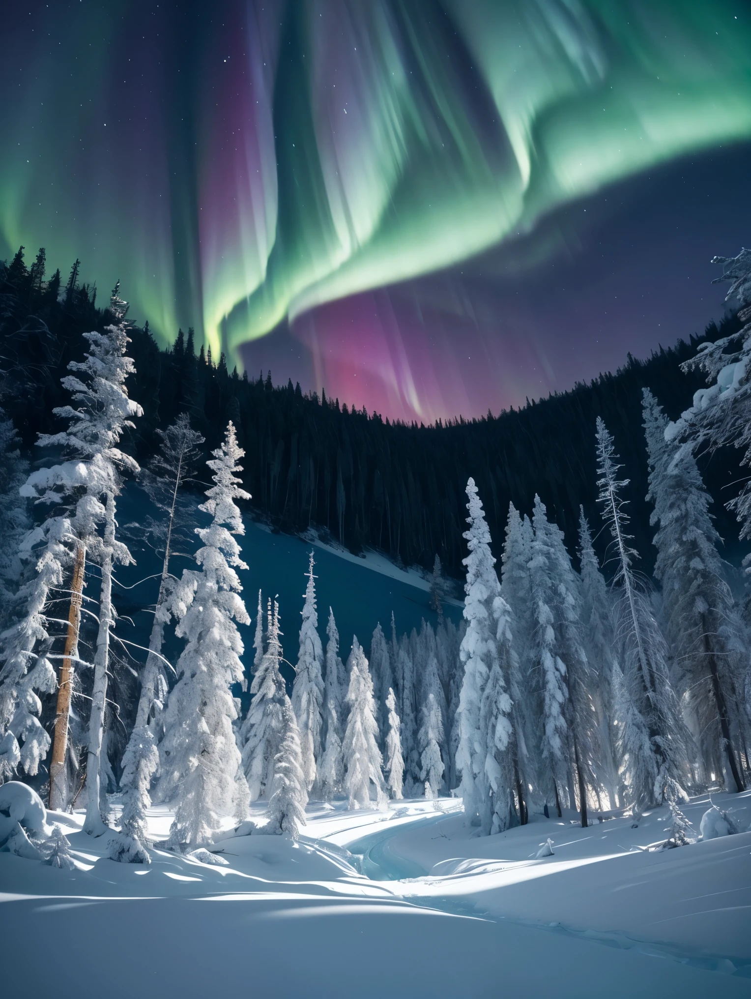 An exquisite arctic landscape painted in various shades of ethereal blue, showcasing the untouched beauty of icy glaciers, and an expansive frozen forest stretching as far as the eye can see. A landscape with feminine curves. Mounds reminiscent of the
the shape of generous breasts. The serene atmosphere is intensified by the soft glow of the moon reflecting off the crystalline ice, creating a captivating tableau of pure tranquility and awe-inspiring natural wonders. Northern lights. National geographic style. Masterpiece. UHD.