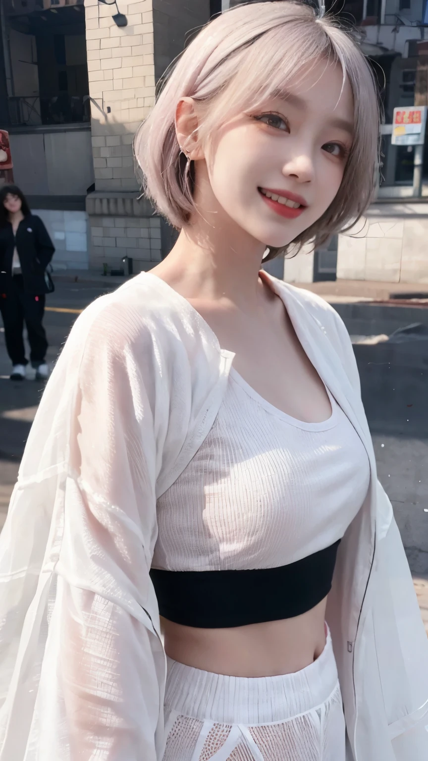 Highest image quality、Live shooting、ultra high resolution、21 year old Korean、small breasts、dynamic angle、cowboy shot、the most beautiful form chaos、elegant、brutalist design、vivid colors、short bob、laugh together、fun、smile、shiny white skin、Beautiful eyes with random colors、very thin lips、Beautiful eyes in every detail、elongated eyes、pale pink blush、long eyelashes、beautiful double eyelids、eye shadow、bright white hair、black crop top、Sheer outerwear、Harlem pants、Hand gestures、shot from the side、daytime、Shi、large park